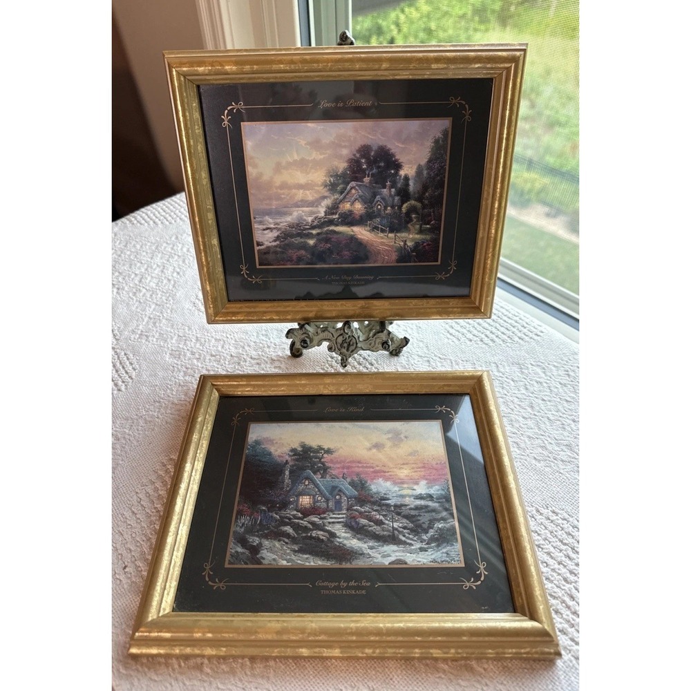 VTG Thomas Kinkade "A New Day Dawning" & "Love By The Sea" Framed Art 9x7.5"